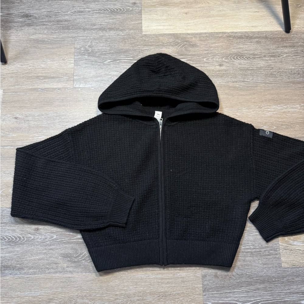 Alo Black Cashmere Plush Waffle Full Zip Hoodie